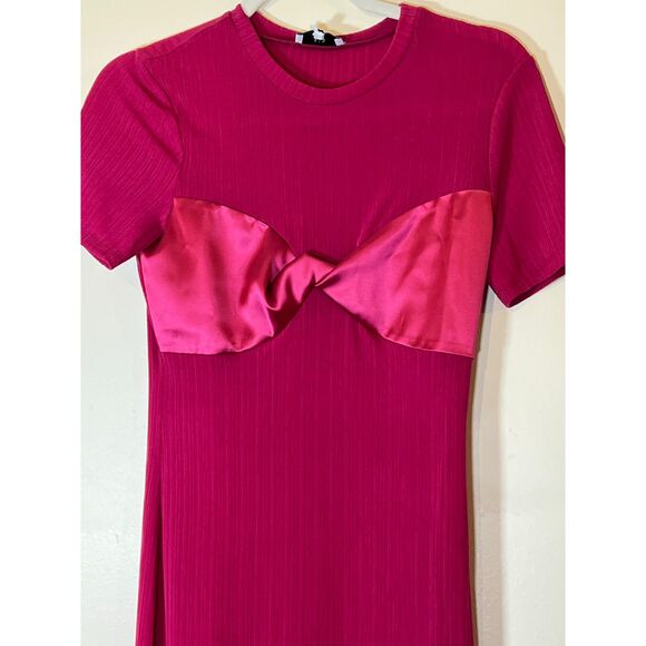 NSK Pink Ribbed Knit Midi Dress with Satin Bust Detail Fitted Bodycon - Size‎ S - Picture 4 of 7
